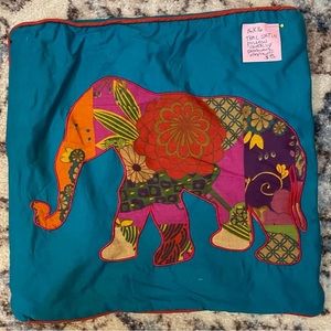 16x16 deep teal zippered pillow cover with colorful boho patchwork elephant
